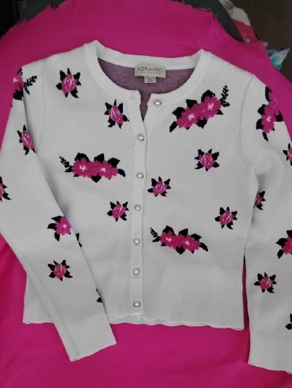 Light Cream Floral Cardigan with Pink Flower Embroidery